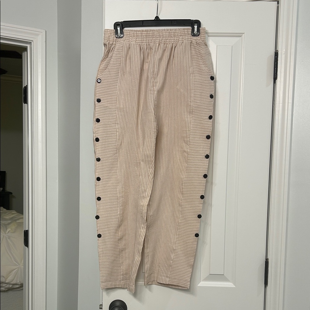 Striped Tan Womens Pants with Button Detailing